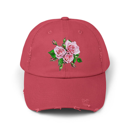 Pink Roses Distressed Cap
